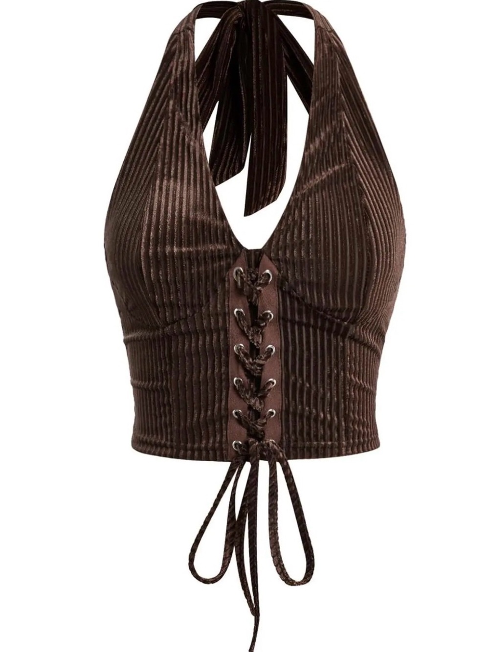 Verdusa Ribbed Velvet Halter Lace-Up Crop Top - Brown